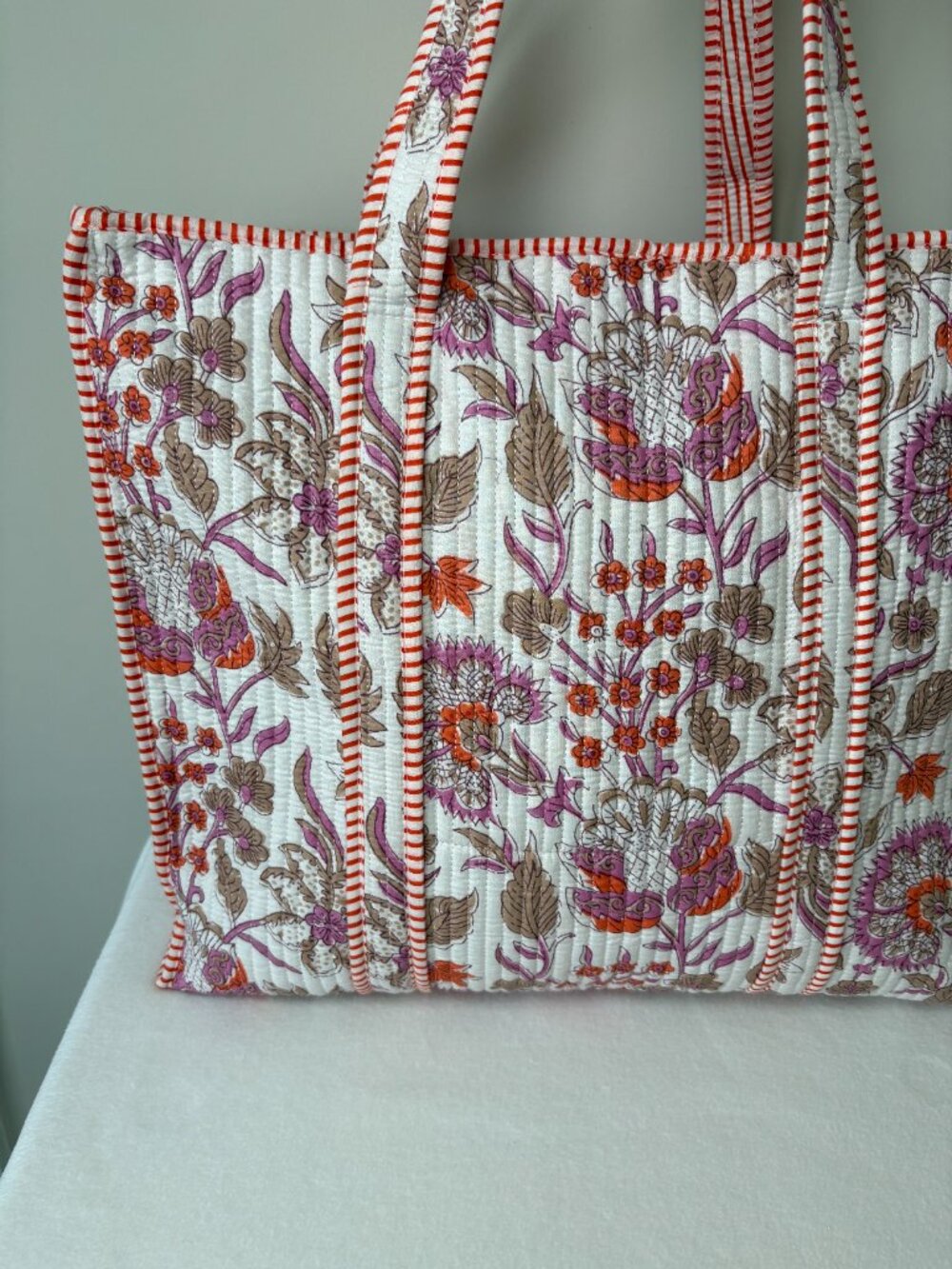 NWOT - POL Kantha Quilted Patchwork Embroidered Tote Bag - Peach, Tan and Pink - Picture 3 of 10
